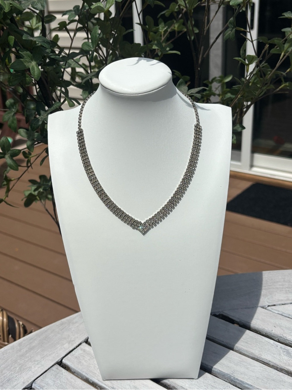 V-Shaped Crystal Statement Necklace - Silver Tone